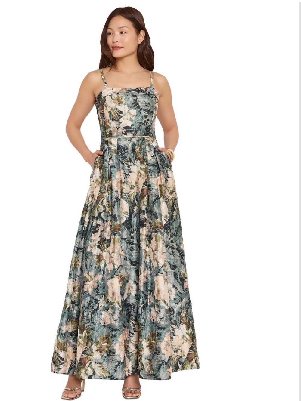 Tahari Green and Cream Floral Strap Maxi Dress